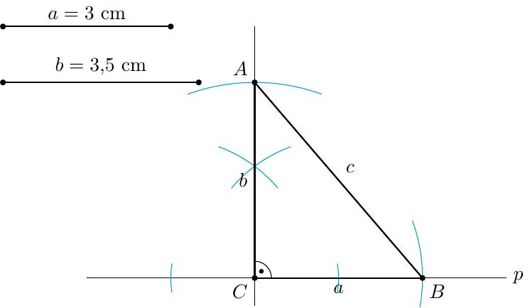 Цртеж за пример 1 треба да садржи:
1. Нацртане дужи a = 3 cm и b = 3,5 cm.
2. Праву p и на њој тачку C.
3. У тачки C конструисану нормалу (угао од 90 степени).
4. На једном краку угла одмерену дуж CB = 3 cm.
5. На другом краку угла одмерену дуж CA = 3,5 cm.
6. Спојена темена A и B.