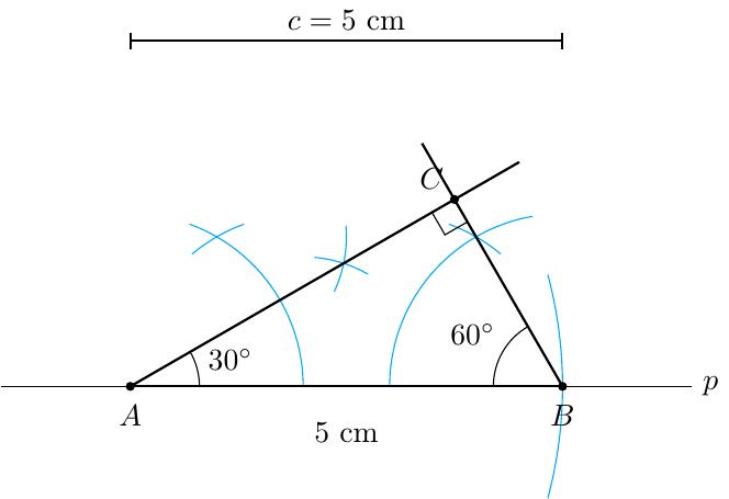 Цртеж за пример 2 треба да садржи:
1. Дуж c = 5 cm.
2. Конструкцију дужи AB = 5 cm.
3. У темену A конструисан угао од 30 степени.
4. У темену B конструисан угао од 60 степени.
5. Пресек кракова ова два угла је теме C.