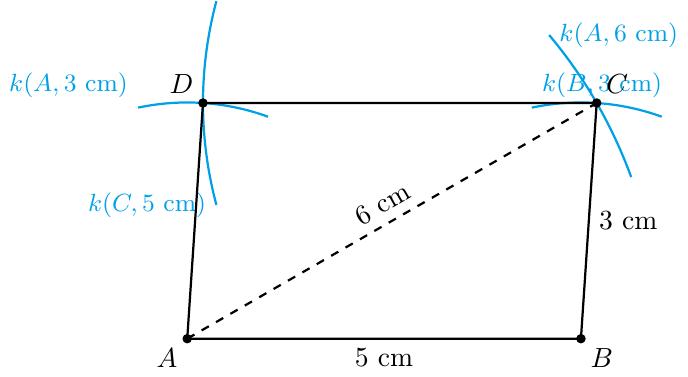 Упутство за цртање:
1. Нацртати дуж AB = 5 cm.
2. Из тачке A описати кружни лук полупречника 6 cm.
3. Из тачке B описати кружни лук полупречника 3 cm.
4. Пресек ова два лука је теме C.
5. Из тачке C описати лук полупречника 5 cm, а из тачке A лук полупречника 3 cm.
6. Пресек је теме D. Спојити темена.