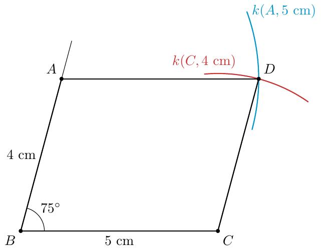 Упутство за цртање:
1. Нацртати дуж BC = 5 cm.
2. У темену B конструисати угао од 75 степени.
3. На краку угла одмерити дуж BA = 4 cm.
4. Из тачке A описати лук полупречника 5 cm, а из тачке C лук полупречника 4 cm.
5. Пресек је теме D. Спојити темена.