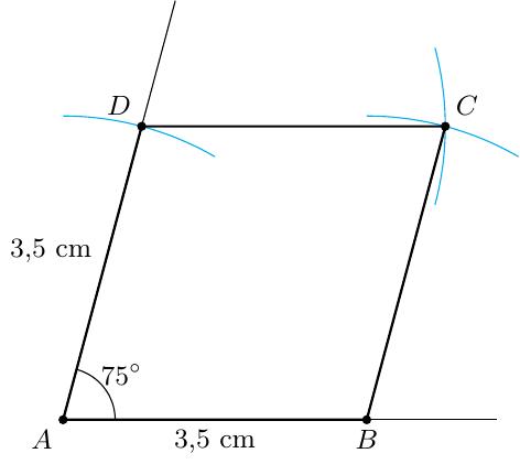 Упутство за цртање:
1. Нацртај дуж AB дужине 3,5 cm.
2. У темену A конструиши угао од 75 степени (као 60 + 15 или користећи угломер).
3. На краку угла одмери дужину од 3,5 cm и обележи тачку D.
4. Шестаром опиши кружни лук из темена B полупречником 3,5 cm.
5. Шестаром опиши кружни лук из темена D полупречником 3,5 cm.
6. Пресек ова два лука је теме C.
7. Споји тачке B и C, као и C и D.