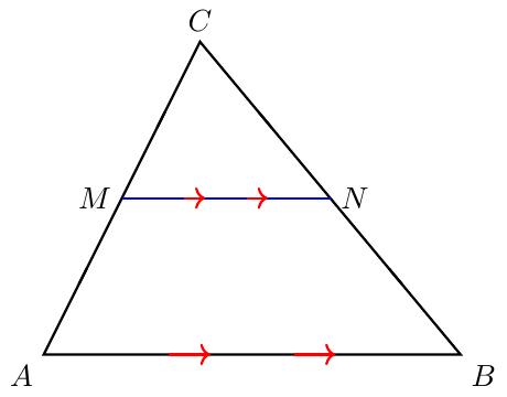 Нацртај троугао ABC. Обележи тачку M као средиште странице AC и тачку N као средиште странице BC. Дуж MN је средња линија која је паралелна страници AB.