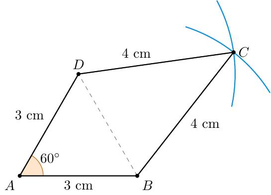 Упутство за цртање:
1. Нацртати дуж AB = 3 cm.
2. Код тачке A конструисати угао од 60 степени.
3. На другом краку угла одмерити AD = 3 cm.
4. Из тачке B описати кружни лук полупречника 4 cm.
5. Из тачке D описати кружни лук полупречника 4 cm.
6. Пресек ова два лука (са супротне стране дијагонале BD у односу на A) је теме C.
7. Повезати темена A, B, C и D.