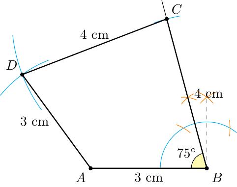 Упутство за цртање:
1. Нацртати дуж AB = 3 cm.
2. У темену B конструисати угао од 75 степени (60 + 15).
3. На краку тог угла одмерити дуж BC = 4 cm.
4. Из тачке A описати лук полупречника 3 cm.
5. Из тачке C описати лук полупречника 4 cm.
6. Пресек ова два лука је теме D.
7. Спојити темена у четвороугао.
