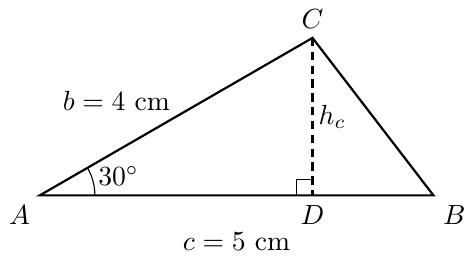 Нацртај троугао ABC. Означи страницу AC са b = 4 cm, а страницу AB са c = 5 cm. Угао код темена A означи са 30°. Из темена C повуци висину на страницу AB и обележи подножје висине тачком D. Означи ову висину са h_c.