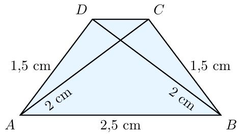Скица једнакокраког трапеза ABCD. Доња основица AB је дужине 2,5 cm. Крак AD на левој страни је 1,5 cm. Дијагонала BD која повезује доње лево и горње десно теме је 2 cm. Теме C је десно од D на истој висини. Крак BC је 1,5 cm, а дијагонала AC је 2 cm.