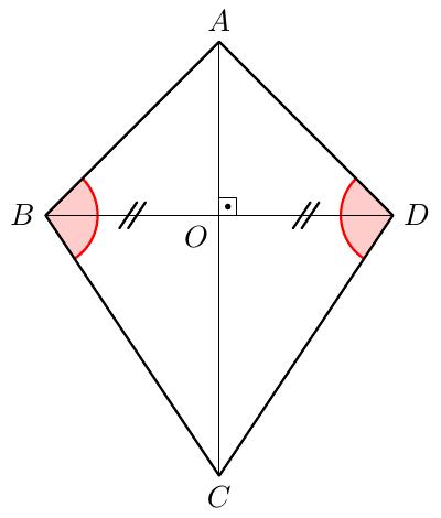 Делтоид ABCD са страницама AB = AD и CB = CD. Уцртане су дијагонале AC и BD. Означен је прав угао у тачки пресека дијагонала, означеној са О. Дијагонала AC полови дијагоналу BD, што је приказано једнаким ознакама на дужима BO и OD. Означени су и једнаки углови ∠ABC и ∠ADC.