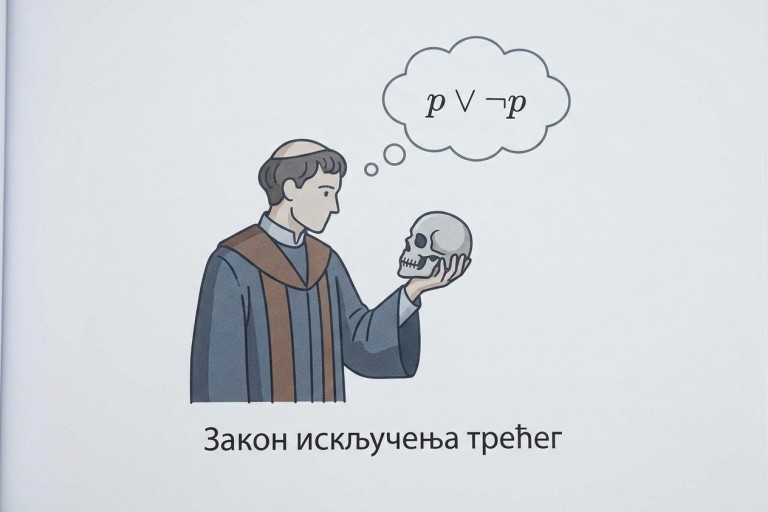 Илустрација закона искључења трећег: лик који држи лобању и размишља о исказу \( p \lor \neg p \).